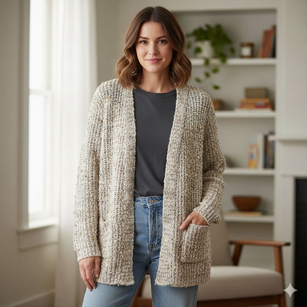 Women's JohnPaulRichard Cardigan L Beige Brown Speckled Knit NWOT
